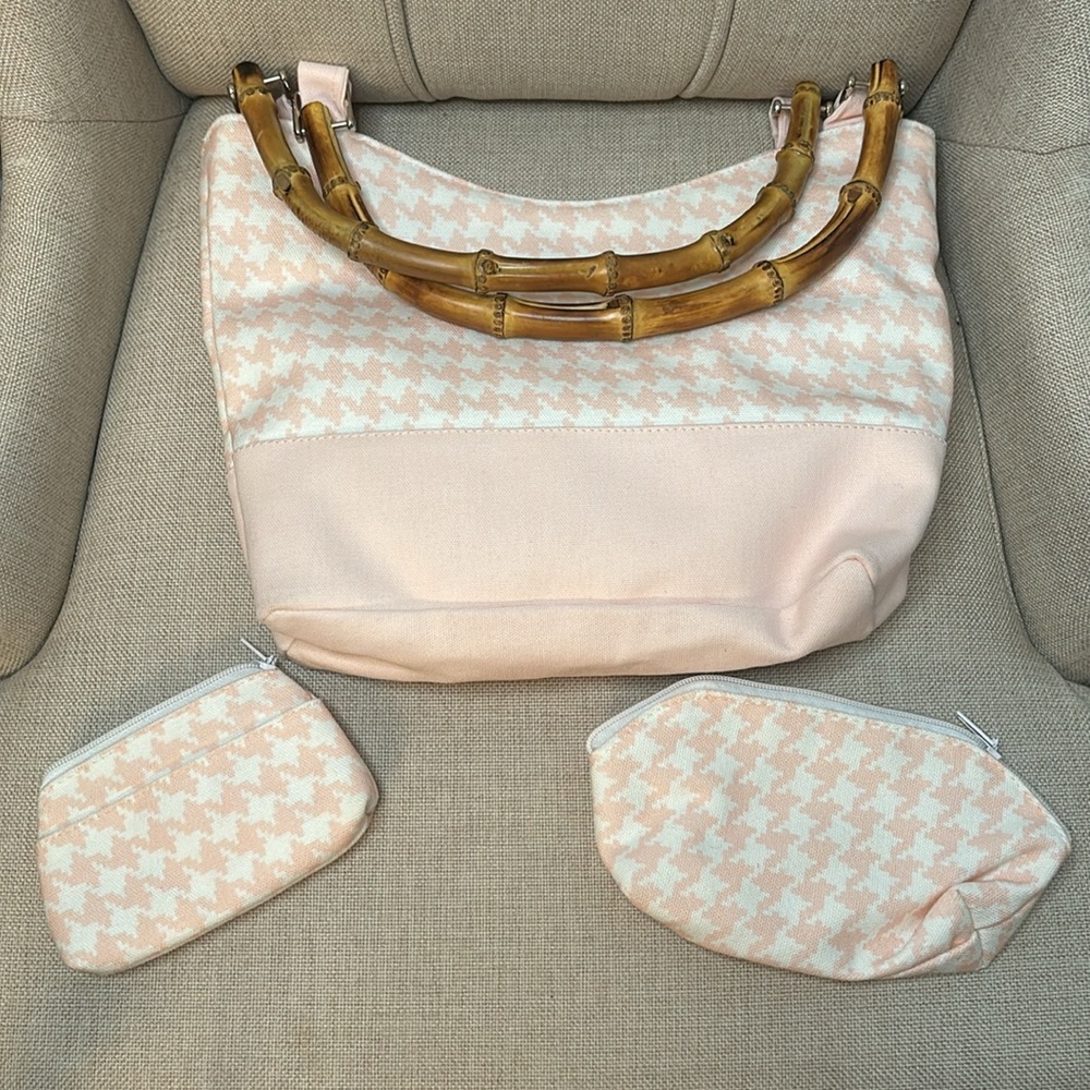 Coquelicot pink/white canvas tote bag with coin and makeup bags